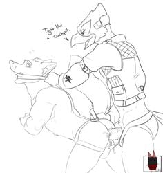 anal anthro avian beak bird canine cum duo english_text falco_lombardi fox fox_mccloud linkin_monroe male mammal monochrome nintendo penis sex star_fox text video_games yaoi