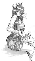 1futa ass blush bow breasts breath censored cum daikon ejaculation futa_only futanari hair_ornament hairbow intersex long_hair looking_at_viewer masturbation monochrome original parted_lips penis school_uniform sitting skirt solo veiny veiny_penis