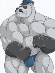 1boy abs bear biceps black_nose bulge captain_volibear clothed clothing cum cum_on_body drooling eyewear facial_hair fur gloves hat huge_muscles league_of_legends male male_only mammal manly moustache muscular muscular_male pecs polar_bear saliva smile solo speedo standing sunglasses swimsuit topless video_games volibear white_fur