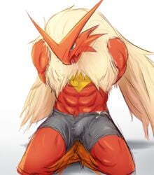 1boy abs anthro avian blaziken blue_eyes blush bulge clothed clothing cum cum_in_clothing fklow hands_behind_back hi_res kneeling male male_only nintendo open_mouth penis pokemon pokemon_(species) saliva shorts simple_background solo topless video_games white_background yellow_sclera