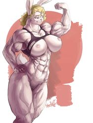 2016 abs armpits biceps big_breasts blonde_hair breasts ear_piercing female flexing hair lagomorph mammal muscular muscular_female navel nipples piercing pussy rabbit smile solo ujac