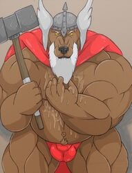 armor bear beard biceps black_nose bulge cape clothed clothing cum cum_on_body facial_hair fur hammer helmet male male_only mammal manly melee_weapon muscular muscular_male pecs solo tools topless urthor war_hammer weapon