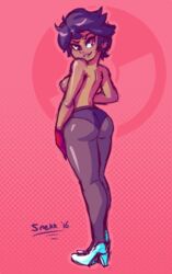 2016 ass breasts candela_(pokemon) candela_(pokemon_go) dark-skinned_female dark_skin female gloves high_heels looking_at_viewer looking_back nipples panties pantyhose pink_eyes pokemon pokemon_go purple_hair short_hair sideboob smile snekkart solo topless underwear