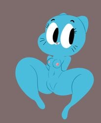 anthro blue_fur breasts cartoon_network feline female full_frontal fur grey_background hands_behind_back mammal mature_female mother navel nicole_watterson nipples nude omni-fall parent pink_nose pussy simple_background solo the_amazing_world_of_gumball whiskers