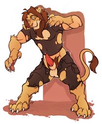 1boy anthro balls brown_hair erection feline hair kuma lion male male_only mammal mane penis pubes solo transformation