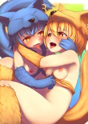 2016 24cakes abstract_background animal_humanoid armpits blonde_hair blue_hair blush bottomless breasts canine cat_o'_nine_tails_(ragnarok_online) clothed clothing duo female fox fox_humanoid hair humanoid mammal moonlight_flower nipples ragnarok_online saliva saliva_string shirt_pull sitting tongue tongue_out video_games yellow_eyes yuri