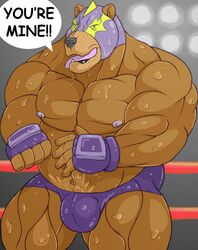 1boy abs bear biceps black_nose bulge clothed clothing cum cum_on_body drooling el_rayo_volibear fur gloves league_of_legends male male_only mammal manly mask muscular muscular_male pecs saliva solo speech_bubble speedo swimsuit topless video_games volibear