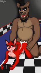 5_fingers anthro bear black_nose brown_fur canine cum cum_in_ass cum_inside detailed_background five_nights_at_freddy's floor fox foxblaster.dae freddy_(fnaf) fur grizzly_bear hair hat inside male male_only mammal muscular naughty_face open_mouth penetration penis sad slightly_chubby smile text tongue topknot video_games yaoi