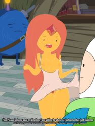 1girls 2boys adventure_time backpack bag blonde_hair book breasts cinnamon_bun closed_eyes closed_mouth dialogue distritohentai dress dress_lift female finn_the_human fire flame_princess forehead_jewel gem human long_hair male nipples open_mouth orange_skin pale_skin partial_nudity partially_clothed pubic_hair pussy red_hair small_breasts spanish_text standing text