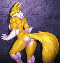 2016 anthro ass canine digimon female female_only fox fur mammal muscular muscular_female nude pussy raining renamon solo thunder-renamon water wet white_fur yellow_fur