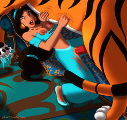 1girls aladdin arabian_clothes barbed_penis bare_shoulders black_hair breasts breasts_out brown_eyes brown_hair claw crying_with_eyes_open dark_skin disney disney_princess earrings feral feral_on_female feral_on_human feral_penetrating forced fur furry harem_outfit human human_on_feral human_penetrated interspecies jewelry legs li0nie lipstick long_hair looking_down mammal medium_breasts necklace nipples on_back open_mouth orange_fur pants penis princess_jasmine pussy rajah rape red_lipstick sex shoes spiked_penis stomach straight tail tears teeth tiara tiger tongue torn_clothes torn_panties vaginal_penetration very_long_hair zoophilia