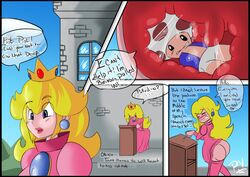 1boy 1girls amphibian comic dialogue english_text female long_hair male malesub mario_(series) nintendo outdoors pedverse princess princess_peach royalty text toad_(mario) unbirthing vore