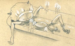 1boy anthro bathing bathtub candle closed_eyes imp lying male male_only monochrome mostly_nude navel on_back partially_submerged pencil_(artwork) penis shower_cap solo spread_legs spreading traditional_media_(artwork) tush tush_(character) vein veiny_penis