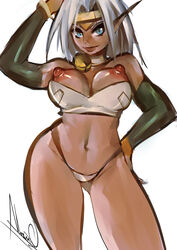 1girls aisha_clanclan animal_ears breasts circlet collar dark-skinned_female dark_skin female humanoid large_breasts long_hair neck_bell nipples orionm outlaw_star smile solo thong white_hair wide_hips