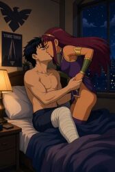 1boy 1girl ai_assisted ai_generated alien/human alien_look_like_human comic comics dc dc_comics duo extraterrestrial_human female inminent_anal inminent_blowjob inminent_sex justice_league_vs_teen_titans kiss kiss_on_lips kissing male partners robin_(dc) robin_(dick_grayson) romantic_couple starfire starfire_(teen_titans) tamaranean teen_titans teen_titans:_the_judas_contract titans_tower warner_bros._animation warner_brothers