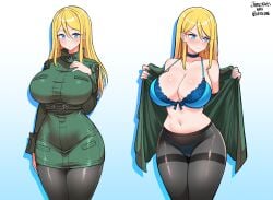 1girl 1girls artist_name bare_shoulders blonde_hair blue_bra blue_choker blue_eyes blue_nails blue_panties blush bra breasts choker cleavage collarbone fingernails gradient_background green_jacket hair_between_eyes highres jacket jarckius long_hair long_sleeves metroid multiple_views nail_polish navel open_clothes open_jacket panties panties_under_pantyhose pantyhose samus_aran simple_background standing stomach underwear undressing