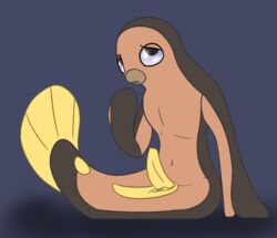 1boy animal_genitalia animal_penis anthro anthrofied black_eyes brown_skin erection fish front_view genital_slit looking_at_viewer male male_only marine navel nintendo nude open_mouth penis pokemon posexe puffy_lips simple_background sitting slit solo stunfisk video_games