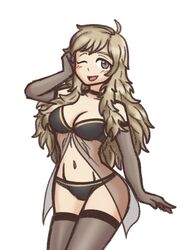 1girls ahoge blonde_hair blush breasts choker cleavage elbow_gloves fire_emblem fire_emblem_fates gloves grey_eyes hayato_stuff lingerie long_hair medium_breasts midriff negligee ophelia_(fire_emblem) panties see-through see-through_clothing sketch teenager thighhighs wink