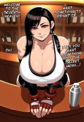 1girls ai_generated bar big_breasts boobs breasts cleavage female female_only final_fantasy final_fantasy_vii fully_clothed gigantic_breasts huge_breasts large_breasts light-skinned_female lips looking_at_viewer massive_breasts pub sexy sexy_body sexy_female solo text tifa_lockhart tits white_shirt yukinyami