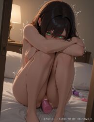 1girl ai_generated bangs bar_censor bed bed_sheet black_hair blush breasts brown_hair censored completely_nude crossed_arms dildo explicit female_masturbation glaring green_eyes hair_between_eyes hitachi_magic_wand indoors knees_up lamp long_hair looking_at_viewer nude nyx_x object_insertion on_bed pillow pussy sex_toy sitting solo trembling vaginal vaginal_object_insertion vibrator