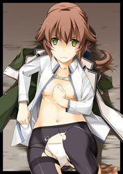 areola_slip areolae bra bra_lift breasts cleavage cum cum_on_body cum_on_clothes cum_on_upper_body eiyuu_densetsu female green_eyes groin imminent_rape imminent_sex long_hair navel open_clothes open_shirt panties pantyhose partially_undressed rape sen_no_kiseki shikei shirt small_breasts solo thighband_pantyhose torn_clothes torn_pantyhose towa_herschel underwear white_bra white_panties