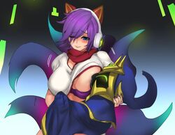 2016 ahri arcade_ahri arcade_series blue_eyes blush bra breast_sucking breasts cat_ear_headphones final_boss_veigar fox fox_ears fox_girl fox_tail handjob headphones league_of_legends multi_tail nursing_handjob riot_games scarf sucking vastaya veigar yordle