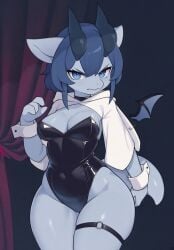 1girls 2025 ;3 adorable ai_generated angry_face anthro blue_body blue_eyes blue_hair blush blush_lines breasts bunnysuit cute_fangs dragon dragon_girl dragon_horns dragon_tail eyelashes female female_only furry furry_only hand_behind_head horns litee medium_breasts membranous_wings navel tail vertical_pupils wings