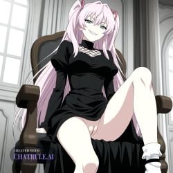 1girl ai_assisted ai_generated anime_coloring beautiful day dress general grayscale green_eyes grin high_contrast highres indoors looking_at_viewer no_nose perfect_anatomy pink_hair pussy sharp_teeth sitting_on_chair slit_pupils smug socks twintails upskirt_view very_long_hair