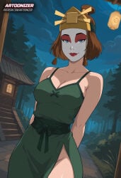 1girls ai_generated artoonizer ass avatar_the_last_airbender belt big_ass big_breasts blue_eyes bob_cut breasts brown_hair dress facepaint female green_dress hands_behind_back headwear kyoshi_warrior legs_together light-skinned_female light_skin looking_at_viewer makeup nickelodeon patreon patreon_username plunging_neckline posing red_lips red_lipstick smile solo solo_female solo_focus standing suki the_legend_of_aang thick_hips thick_thighs tied_hair wide_hips without_panties without_underwear