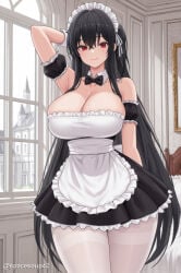 1girl ai_generated apron arm_behind_head arm_up armpits azur_lane bare_shoulders black_bow black_bowtie black_dress black_hair bow bowtie breasts cleavage closed_mouth cowboy_shot crossed_bangs detached_collar detached_sleeves dress frilled_apron frills hair_between_eyes indoors large_breasts long_hair looking_at_viewer maid maid_apron maid_headdress official_alternate_costume pantyhose puffy_short_sleeves puffy_sleeves red_eyes smile solo taihou_(azur_lane) thighband_pantyhose thighs very_long_hair waist_apron white_apron white_pantyhose wrist_cuffs