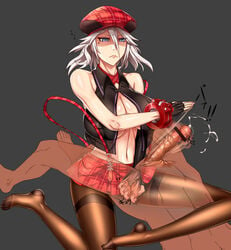 alisa_ilinichina_amiella anger_vein bare_shoulders blue_eyes bondage breasts cleavage cum ejaculation female femdom frown god_eater grey_background hair_between_eyes huge_breasts looking_down navel pantyhose penis short_hair shoujo_donburi silver_hair simple_background skirt slapping solo squeezing_testicles suspender_skirt suspenders testicle_grab testicles