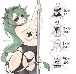1girl 1girls absurdres animal_ears big_breasts black_choker black_panties black_sclera black_thighhighs breasts breedable_hips child_bearing_hips choker closed_mouth colored_sclera cow_ears cow_girl cow_horns cow_tail crelly crelly_(crelly_3.0) curvy dice_hair_ornament female garter_straps green_hair grey_eyes grey_hair grey_sclera hair_ornament hairband heterochromia highres hips horns indie_virtual_youtuber large_breasts long_hair mismatched_sclera mole mole_under_mouth panties pasties pole red_eyes solo stripper_pole tail thick thick_thighs thighhighs thighs tis twitter_strip_game uglysaya underwear virtual_youtuber vtuber white_background wide_hips