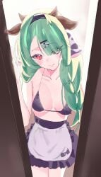 1girl 1girls absurdres animal_ears apron bikini black_bikini black_skirt breasts colored_sclera cow_ears cow_girl cow_horns cow_print_socks crelly doorway female grey_eyes grey_sclera hair_ornament hair_over_one_eye heterochromia highres horns indie_virtual_youtuber large_breasts long_hair maid maid_apron mole mole_under_mouth pov_doorway red_eyes side_ponytail skirt solo swimsuit virtual_youtuber vtuber x_hair_ornament