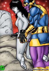 1boy 1girls armor ass ass_grab black_hair closed_eyes crossover dark_hair dc dc_comics death_of_the_endless doggy_style from_behind from_behind_position gloves grabbing grabbing_ass grabbing_own_ass hand_on_ass hand_on_hand helmet kneeling leandro_comics marvel marvel_comics on_knees purple_skin size_difference standing standing_doggy_style standing_sex thanos the_sandman white_skin