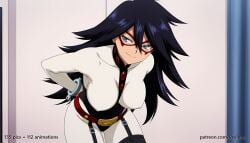 1girl 1girls absurd_res ai_assisted ai_generated anime ass belt black_hair blue_eyes boku_no_hero_academia boobs breasts bubble_butt butt cleavage cuffs curvaceous curvy curvy_figure glasses handcuffs high_resolution highres hourglass_figure huge_ass huge_breasts huge_butt large_breasts leaning_forward light-skinned_female long_hair looking_at_viewer mature_female midnight_(my_hero_academia) mole mole_under_eye my_hero_academia nemuri_kayama patreon patreon_logo patreon_username red_belt red_collar red_glasses seductive_smile smile solo studded_collar thick_thighs thighhighs thighs veyluna voluptuous white_top wide_hips