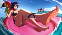 1girl 1girls :d akireimiki bikini black_hair black_nails blue_shorts blue_sky breasts choker colored_inner_hair demon_girl demon_horns feet feet_focus female foot_focus hair_between_eyes hair_intakes highres horns indie_virtual_youtuber large_breasts looking_at_viewer medium_hair multicolored_hair open_mouth outdoors purple_bikini purple_hair purple_horns rainhoe shorts sky smile soles solo swimsuit thigh_strap thighs tits toes virtual_youtuber vtuber water water_gun yellow_eyes