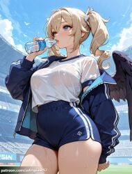 1girl ai_generated arlequin097 barbara_(genshin_impact) bird black_wings blonde_hair blue_buruma blue_eyes blue_jacket blue_shorts blue_sky blush bottle breasts buruma cloud cowboy_shot day drill_hair drinking feathered_wings genshin_impact gym_shirt gym_shorts gym_uniform high-waist_shorts holding holding_bottle jacket large_breasts long_hair long_sleeves mihoyo off_shoulder open_clothes open_jacket outdoors pinky_out see-through shirt short_shorts short_sleeves shorts sky solo sportswear stadium standing sweat thick_thighs thighs track_jacket twintails water_bottle wet wet_clothes wet_shirt white_shirt wings