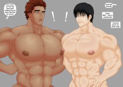 abs black_hair brown_hair miguel_o'hara muscular muscular_male nipples nude pecs pectorals rub_lug toji_fushiguro yaoi