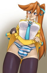 1futa ace_attorney athena_cykes balls balls_in_panties blue_eyes blush breasts curvy flaccid futa_only futanari gyakuten_saiban intersex large_breasts looking_at_viewer minigun_(artist) necktie_between_breasts panties panty_bulge penis penis_in_panties penis_under_clothes penis_under_skirt presenting skirt skirt_lift solo thighhighs upskirt