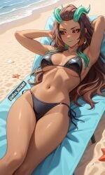 ai ai_art ai_assisted ai_generated alixx_nswf beach big_breasts bikini breasts brown_hair dark_skin karrie_(mobile_legends) mlbb mobile_legends mobile_legends:_bang_bang red_eyes sexy solo