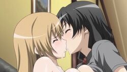 2girls after_sex animated beauty_mark black_hair blonde_hair bra breast_press breasts closed_eyes cum_swap cum_swapping female_only forced french_kissing ichinose_riko indoors kaori_sakaki kissing large_breasts large_breasts_lesbian long_hair multiple_girls open_clothes open_shirt ran-sem ran_sem ran_sen_hakudaku_delmo_tsuma_no_miira_tori screencap snowballing yuri