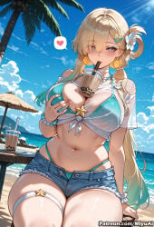 1girl ai_assisted ai_generated bangs beach bikini blonde_hair blue_eyes blue_sky blush bracelet breasts bubble_tea bubble_tea_challenge choker cleavage cloud cup curvaceous curvy curvy_female curvy_figure day denim denim_shorts disposable_cup drinking drinking_straw earrings eyebrows_visible_through_hair female flower hair_between_eyes hair_flower hair_ornament heart highleg highleg_bikini jewelry large_breasts long_hair looking_at_viewer lynae_(wuthering_waves) miyuai mole mole_under_eye navel ocean outdoors palm_tree scrunchie see-through shirt short_shorts short_sleeves shorts sitting skindentation sky solo spoken_heart swimsuit thick thick_ass thick_butt thick_hips thick_legs thick_thighs thigh_strap thighs tied_shirt tree very_long_hair voluptuous voluptuous_female water wet wet_clothes wide_hips wide_thighs wrist_scrunchie wuthering_waves