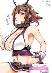 2015 armpits bare_shoulders blush brown_eyes brown_hair cum cum_string dated female gloves kantai_collection midriff miniskirt mutsu_(kantai_collection) navel otogi_(s_in_w) short_hair signature skirt solo tissue tissue_box white_gloves