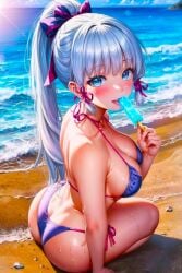 1girls ai_generated ass_focus babe backboob backside beach beautiful blue_eyes blush butt clouds curvaceous fantasy female_samurai genshin_impact horizon hot ice_cream kamisato_ayaka kawaii large_breasts looking_back_at_viewer micro_bikini ocean ponytail popsicle role_playing_game rpg samurai sand sexy smiling_at_viewer stable_diffusion swimsuit toongenai video_game_character video_game_franchise video_games warrioress waves white_hair white_ponytail