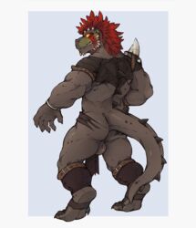 1boy angry anthro argonian ass athletic backsack balls claws clothed clothing digitigrade feather_hair full-length_portrait full_length green_skin grey_skin hair horn loincloth looking_at_viewer looking_back male male_only markings muscular partially_clothed portrait rear_view red_hair red_skin reptile scales scalie scar solo spikes spots standing tagg taggcrossroad the_elder_scrolls toe_claws toes topless video_games yellow_eyes zangusuu