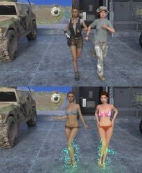 2girls 2koma 3d comic daz_studio disappearing_clothes drone embarrassed_underwear_female female female_only female_soldier lingerie lingerie_only military_uniform original original_characters running
