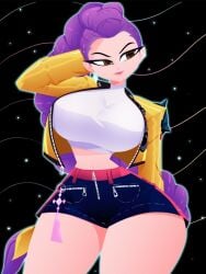 1girls 2026 2d arm_behind_back arm_behind_head black_background braid braided_hair braided_ponytail brown_eyes clothed fanart_from_twitter female huge_breasts human jacket korean korean_female kpop_demon_hunters light-skinned_female light_skin long_hair midriff netflix no_ai purple_hair rumi_(kpop_demon_hunters) shorts solo sony_pictures_animation thighs twitter_link very_long_hair western_art white_shirt xan-gelx_(xan) yellow_jacket