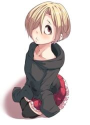 bags_under_eyes black_legwear blonde_hair blush breath collarbone ear_piercing earrings female hood hoodie idolmaster idolmaster_cinderella_girls jewelry looking_up piercing red_eyes seiza shirasaka_koume short_hair sitting skirt sleeves_past_wrists solo sweat takato_kurosuke takatoo_kurosuke thighhighs