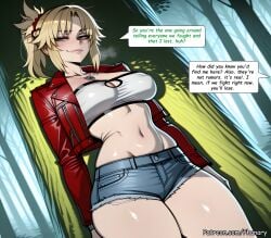 1girl ai_generated bandeau big_ass blonde_hair blush braid breasts bubble_butt cleavage comic comic_page crop_top cropped_jacket curvy cutoffs defeated denim denim_shorts english_text fate/grand_order fate_(series) forest french_braid green_eyes hair_ornament hair_scrunchie highres huge_breasts jacket jewelry large_breasts lips long_hair long_sleeves looking_at_viewer micro_shorts midriff mordred_(fate) mordred_(fate)_(all) mordred_(fate/apocrypha) multiple_panels nature navel necklace open_jacket parted_bangs phanary ponytail red_jacket red_scrunchie scrunchie short_shorts shorts smile solo speech_bubble thick thighs tree