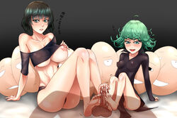 1boy 2girls :d bare_shoulders barefoot black_dress black_hair black_panties breasts cum cute_fang double_footjob dress footjob fubuki_(one-punch_man) green_eyes green_hair large_breasts lips multiple_girls one-punch_man open_mouth panties penis pov pussy saitama see-through shirt_lift short_hair shoujo_donburi smile soles tatsumaki uncensored underwear